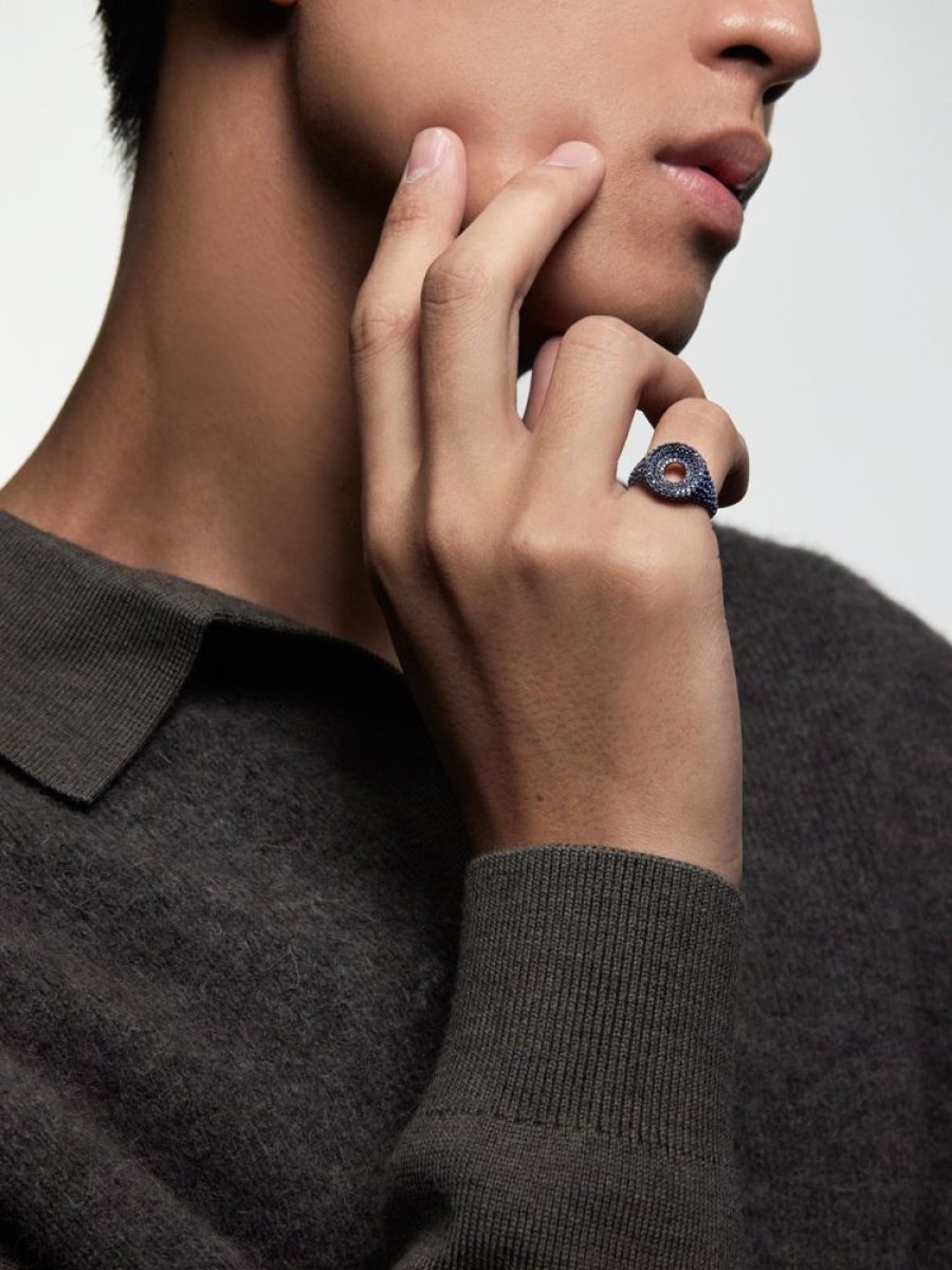 Jewellery State Property | Drew Pave Drape Midnight Blue Ombre Signet Ring 18K Rose Gold